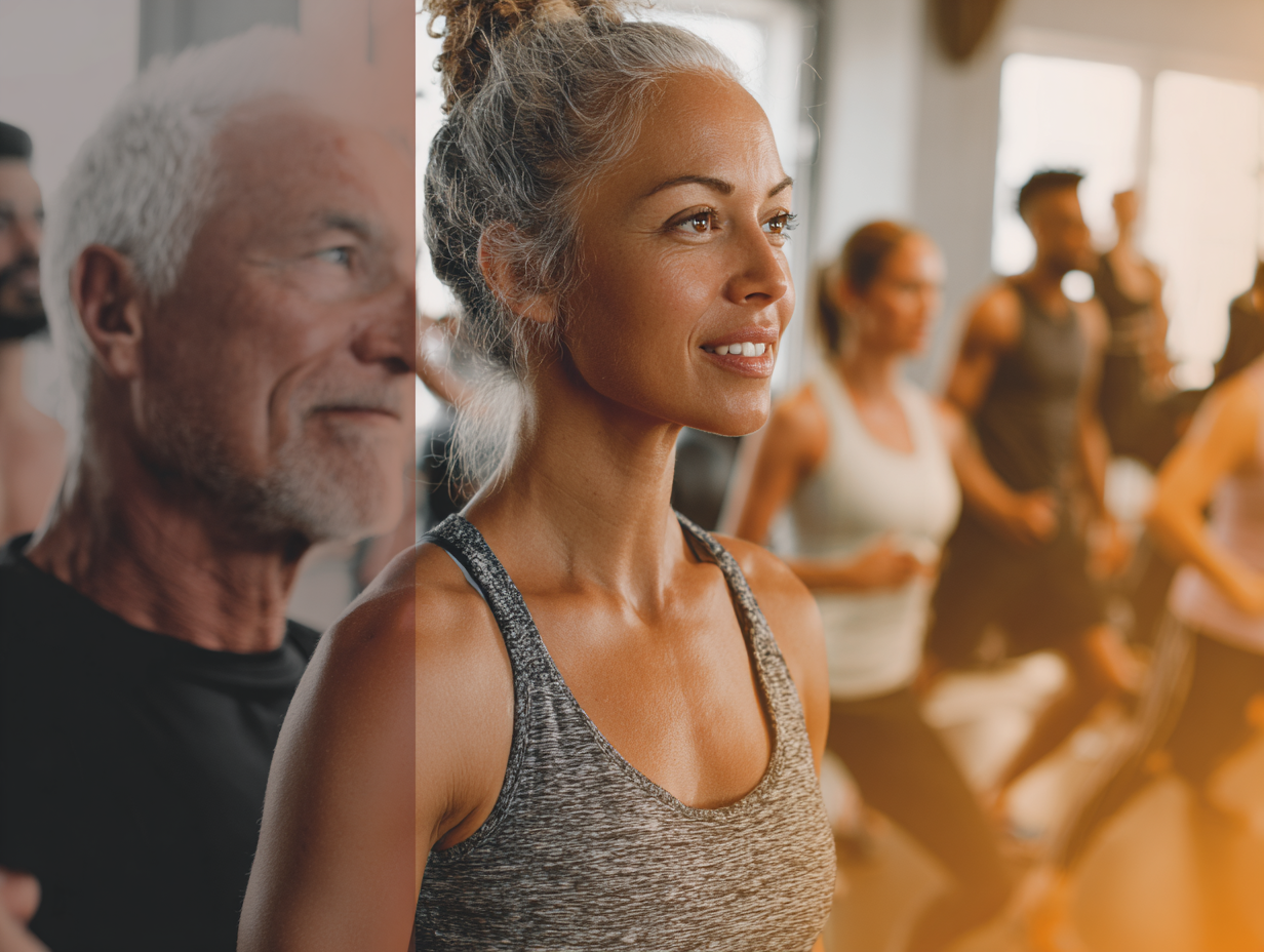 Група людей різного віку займається фітнесом на відкритому повітрі, демонструючи активний спосіб життя