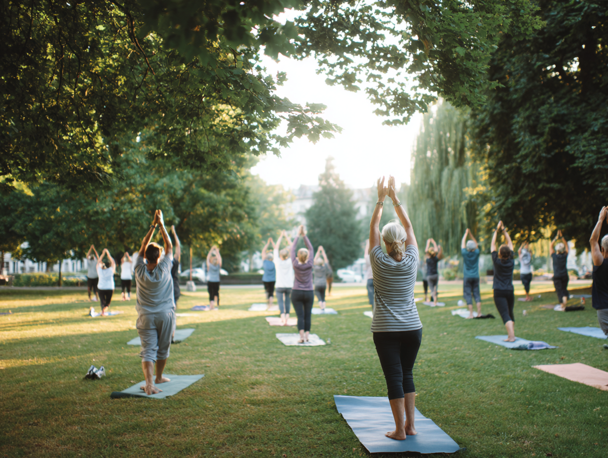 Люди різного віку займаються йогою в парку, демонструючи гармонію та спокій